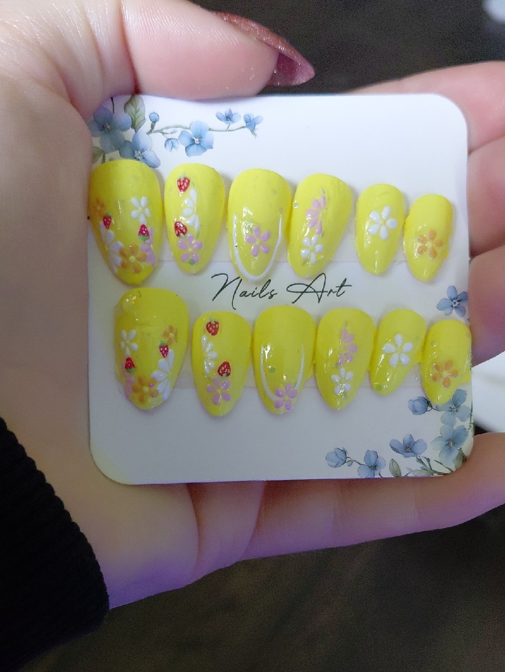 Yellow Floral Press-On Nails - Hand-Painted Flower Accents